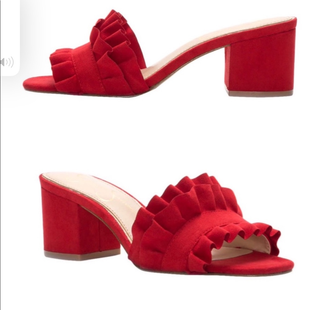 New Jessica Simpson Gorrin Red micro suede ruffled slides sandals 6.5